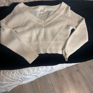 Garage Cream Cropped V-Neck Ribbed Sweater